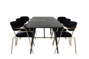 Gold matgrupp matbord utdragbart bord längd cm 180 / 220 svart och 6 Arrow matstola velour svart.