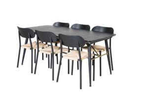 Gold matgrupp matbord utdragbart bord längd cm 180 / 220 svart och 6 Polly matstola natur, svart.