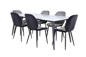 Jimmy195 matgrupp matbord utdragbart bord längd cm 195 / 285 vit och 6 Emma matstola velour grå,svart.