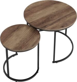 Set med 2 runda sidobord - soffbord - industriellt vintage sidobord - brun-svart