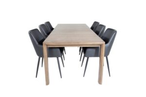 SliderOS matgrupp matbord utdragbart bord längd cm 170 / 250 rökig ekträd och 6 Comfort matstola PU konstläder svart.