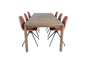 SliderOS matgrupp matbord utdragbart bord längd cm 170 / 250 rökig ekträd och 6 Polar matstola PU konstläder brun.