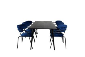 Dipp180x90BLBL matgrupp matbord svart och 6 Arrow matstola velour blå.