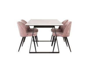 Estelle matgrupp matbord marmor vit och 4 Velvet matstola velour rosa, svart.