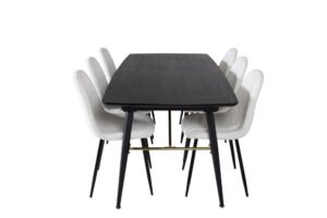 Gold matgrupp matbord utdragbart bord längd cm 180 / 220 svart och 6 Polar Fluff matstola Teddy vit.