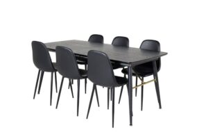 Gold matgrupp matbord utdragbart bord längd cm 180 / 220 svart och 6 Polar matstola PU konstläder svart PU konstläder.