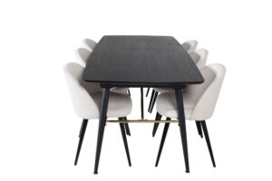 Gold matgrupp matbord utdragbart bord längd cm 180 / 220 svart och 6 Velvet matstola sammet beige, svart.