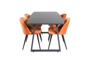 IncaBLBL matgrupp matbord utdragbart bord längd cm 160 / 200 svart och 4 Velvet matstola velour orange, svart.