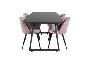 IncaBLBL matgrupp matbord utdragbart bord längd cm 160 / 200 svart och 4 Velvet matstola velour rosa, svart.