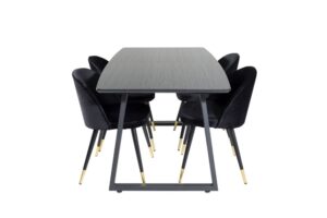 IncaBLBL matgrupp matbord utdragbart bord längd cm 160 / 200 svart och 4 Velvet matstola velour svart, mässing dekor.