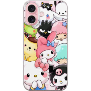 Kompatibelt Mobilskal till Apple iPhone 16 Tätt mönster av söta figurer med stora ögon i olika färger och uttryck med LABUBU-text,