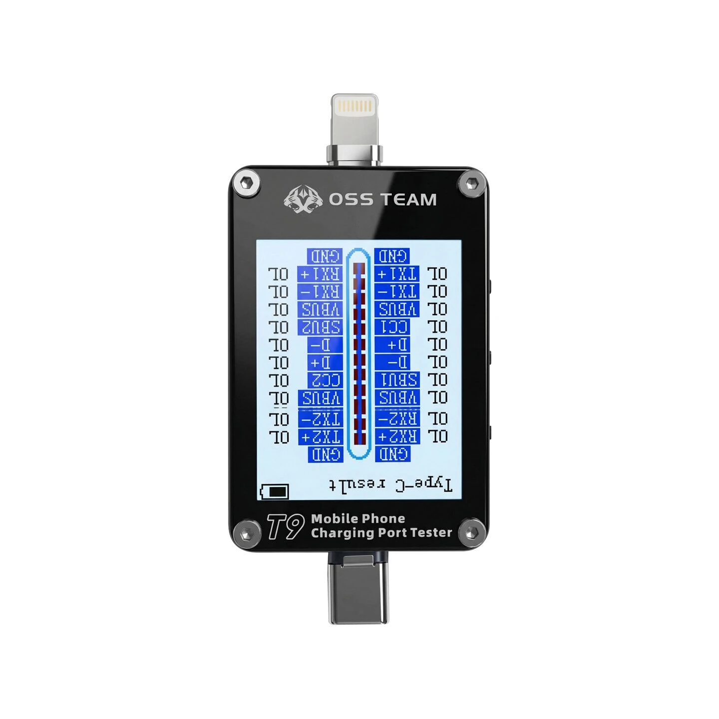 OSS TEAM T9 Mobiltelefon Laddningsport Tester 1,77-tums Display 3,5-siffror 2,99 Max PN Område 0,00-2,99 V Automatisk St OSS TEAM T9 Mobiltelefon Laddningsport Tester 1,77-tums Display 3,5-siffror 2,99 Max PN Område 0,00-2,99 V Automatisk St
