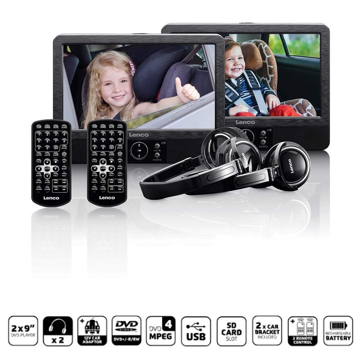 2x 9" bärbar DVD-spelare med USB SD inbyggt batteri hörlurar och fäste Svart 2x 9" bärbar DVD-spelare med USB SD inbyggt batteri hörlurar och fäste Svart