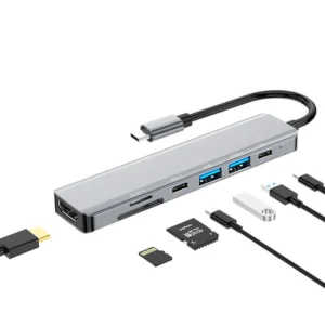 Basix 7-i-1 Typ-C Dockningsstation USB-C Hub Splitter Adaptr med USB3.0 * 2 USB-C Data PD87W USB-C 4K @ 30Hz HDMI SD / T
