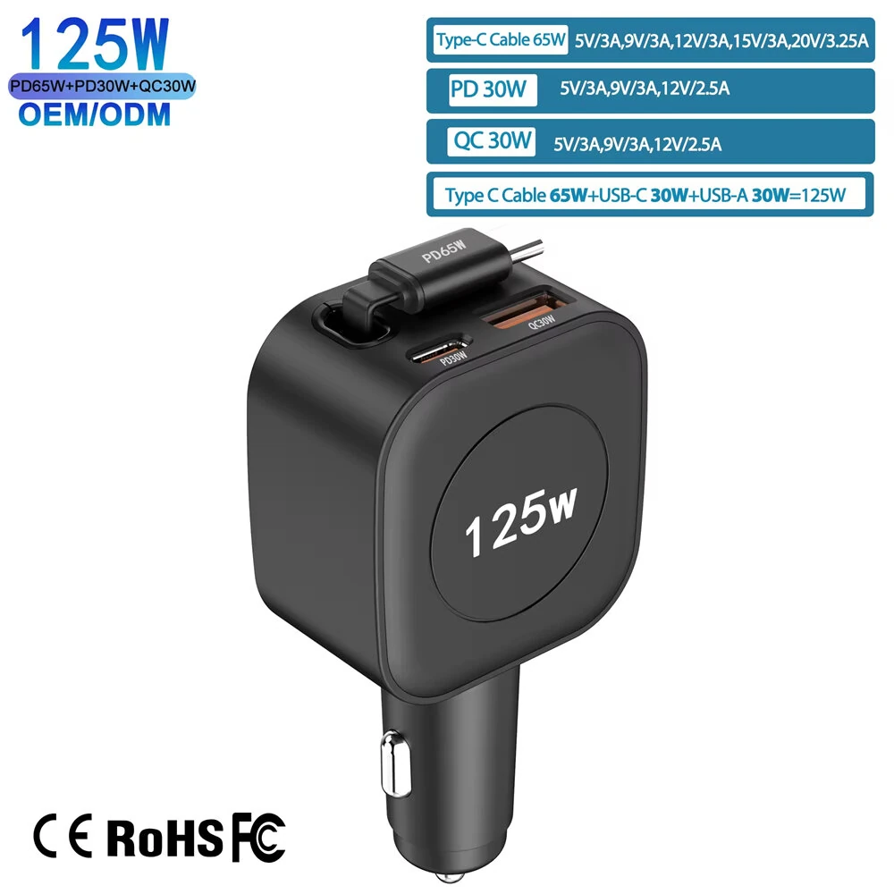 IBD 125W billaddare med utdragbart kabel PD 65W 30W QC30W Type C USB 3-port i 1 snabbladdning för Iphone17 bärbara dator IBD 125W billaddare med utdragbart kabel PD 65W 30W QC30W Type C USB 3-port i 1 snabbladdning för Iphone17 bärbara dator