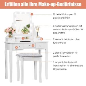 Kommodset med LED-spegel, pall och förvaring – Vit