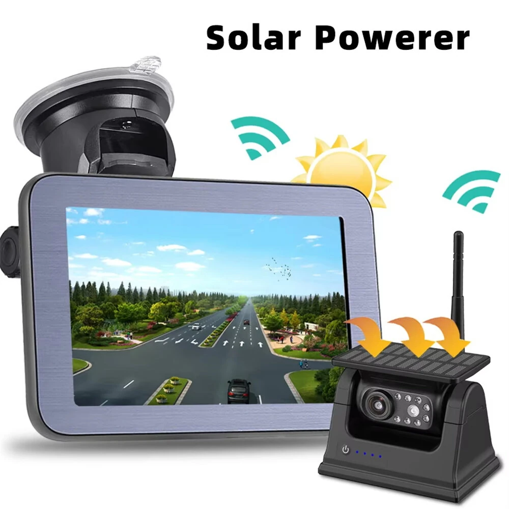Trådlös solenergidriven backup kamera AHD 5 tum backspegmonitor vidvinkel nattvision lång räckvidd överföring vattentät Trådlös solenergidriven backup kamera AHD 5 tum backspegmonitor vidvinkel nattvision lång räckvidd överföring vattentät