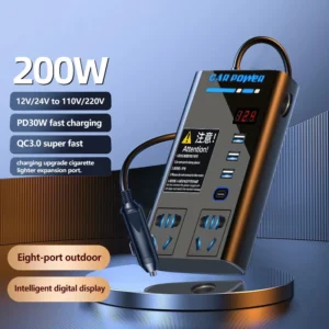 200W högeffektiv biltågadapter 12V till 110V 220V multifunktionsomvandlare Typ-C mobiltelefon snabb laddning med åtta ut