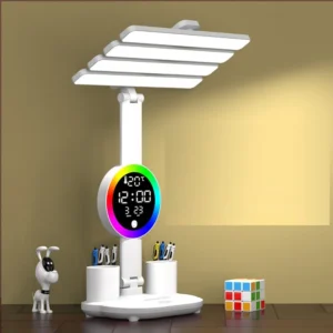 4-huvud bordslampa med RGB ambient ljus och klocka datumvisning pennhållare skrivbordslampa läslampa