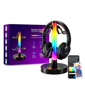 Elfeland Desktop RGBHeadset-stativ 17 ljuslägen Kontrollerhållare med USB LED Musikupptagning Atmosfärslampa Headset-spe
