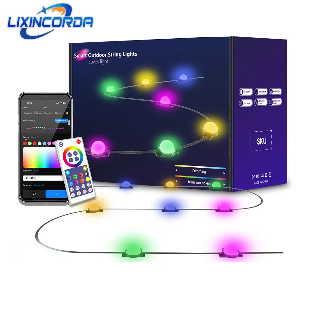 LIXINCORDA 49ft 33LED/ 32.8ft 20LED Smart RGB LED Ljussträngar Utomhus IP65 Vattentålig APP/Fjärrkontroll Musik Synk Pat LIXINCORDA 49ft 33LED/ 32.8ft 20LED Smart RGB LED Ljussträngar Utomhus IP65 Vattentålig APP/Fjärrkontroll Musik Synk Pat