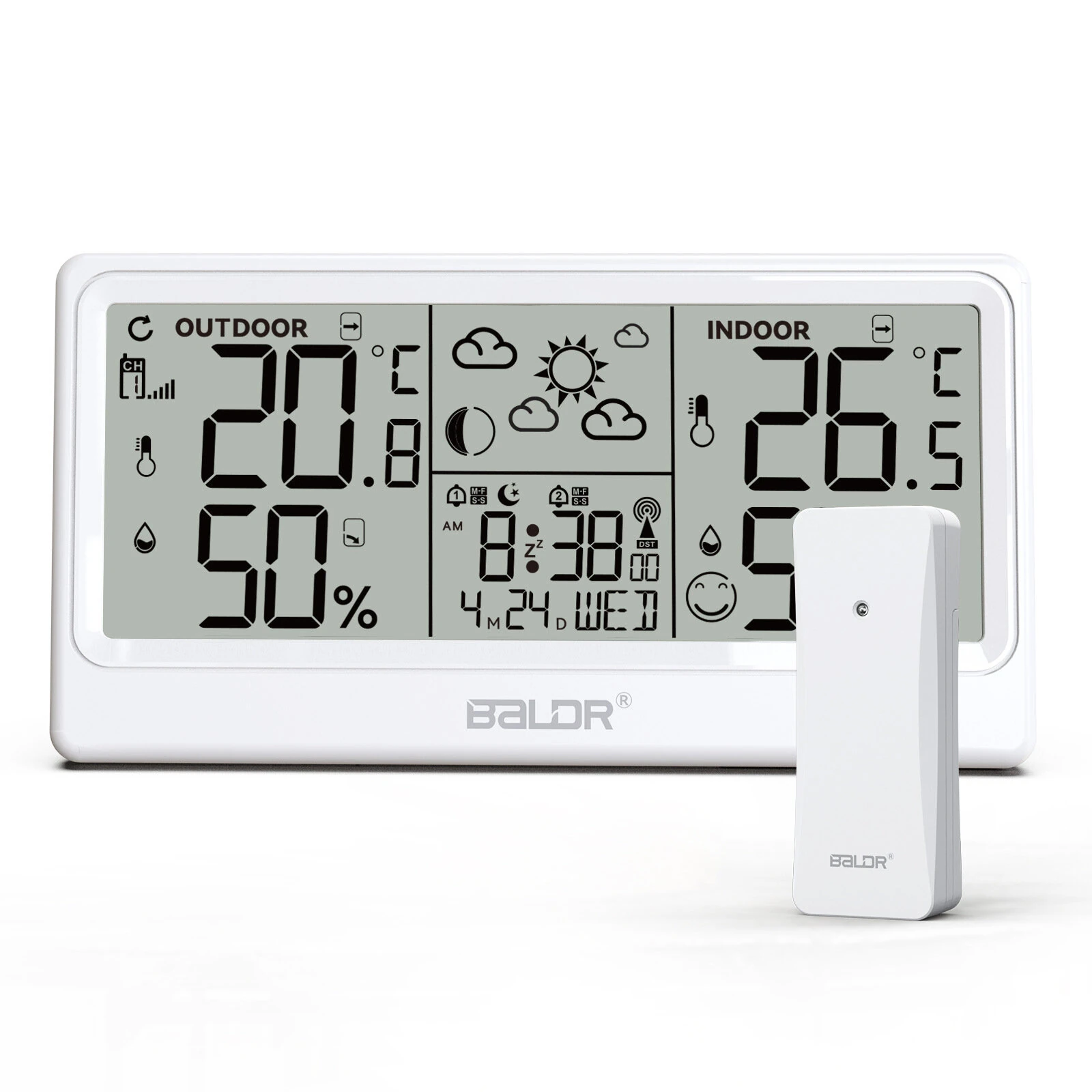 BALDR 8.5" LCD Skärm Väderstation RCC Väckarklocka Digital Temperatur Fuktighetsmätare Väderprognos Kalender Månfaser Tr BALDR 8.5" LCD Skärm Väderstation RCC Väckarklocka Digital Temperatur Fuktighetsmätare Väderprognos Kalender Månfaser Tr