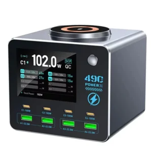 [GaN Tech] WLX-F1 140W 8-Port USB PD-laddare med smart digital display 4USB-A+4USB-C+Trådlös laddningsplatta Stödjer PD
