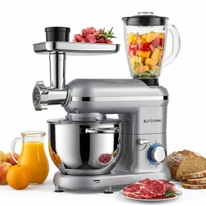 [EU Direct] BlitzHome® BH-SM10 1900W 5-i-1 Elvisp med 6L rostfritt ståldboll, köttkvarn, 1,5L glasbländare, korvpress &