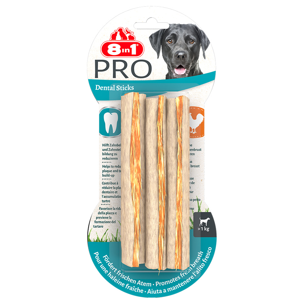 3 + 1 på köpet! 4x 8in1 hundgodis - Delights Pro Dental Sticks kyckling, 4 x 75 g, 4 x 3 st. 3 + 1 på köpet! 4x 8in1 hundgodis - Delights Pro Dental Sticks kyckling, 4 x 75 g, 4 x 3 st.