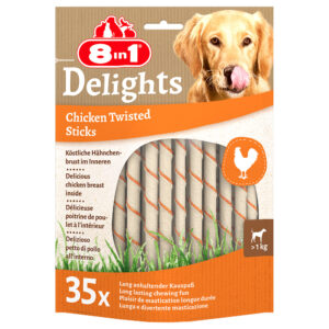 3 + 1 på köpet! 4x 8in1 hundgodis - Delights Twisted Sticks med kyckling för små hundar, 4 x 35 st.