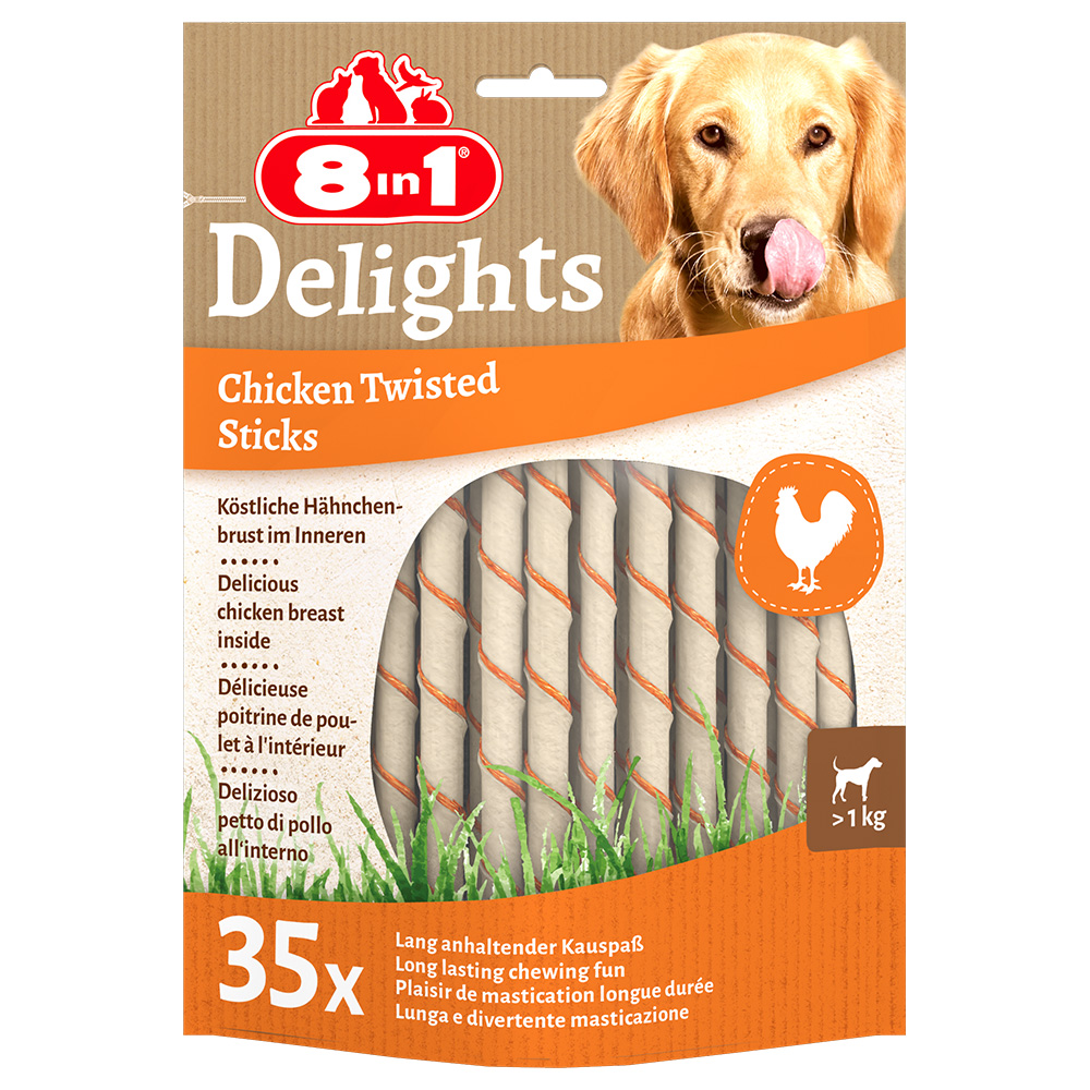 3 + 1 på köpet! 4x 8in1 hundgodis - Delights Twisted Sticks med kyckling för små hundar, 4 x 35 st. 3 + 1 på köpet! 4x 8in1 hundgodis - Delights Twisted Sticks med kyckling för små hundar, 4 x 35 st.