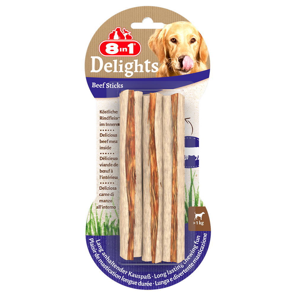 3 + 1 på köpet! 4x 8in1 hundgodis - Delights tuggpinnar med nötkött, 4 x 25 g, (4 x 3 st) 3 + 1 på köpet! 4x 8in1 hundgodis - Delights tuggpinnar med nötkött, 4 x 25 g, (4 x 3 st)