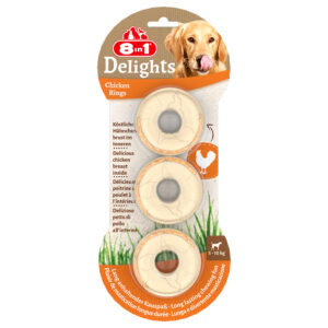 3 + 1 på köpet! 4x 8in1 hundgodis - Delights tuggringar med kyckling, 4 x 119 g, 4 x 3 st.