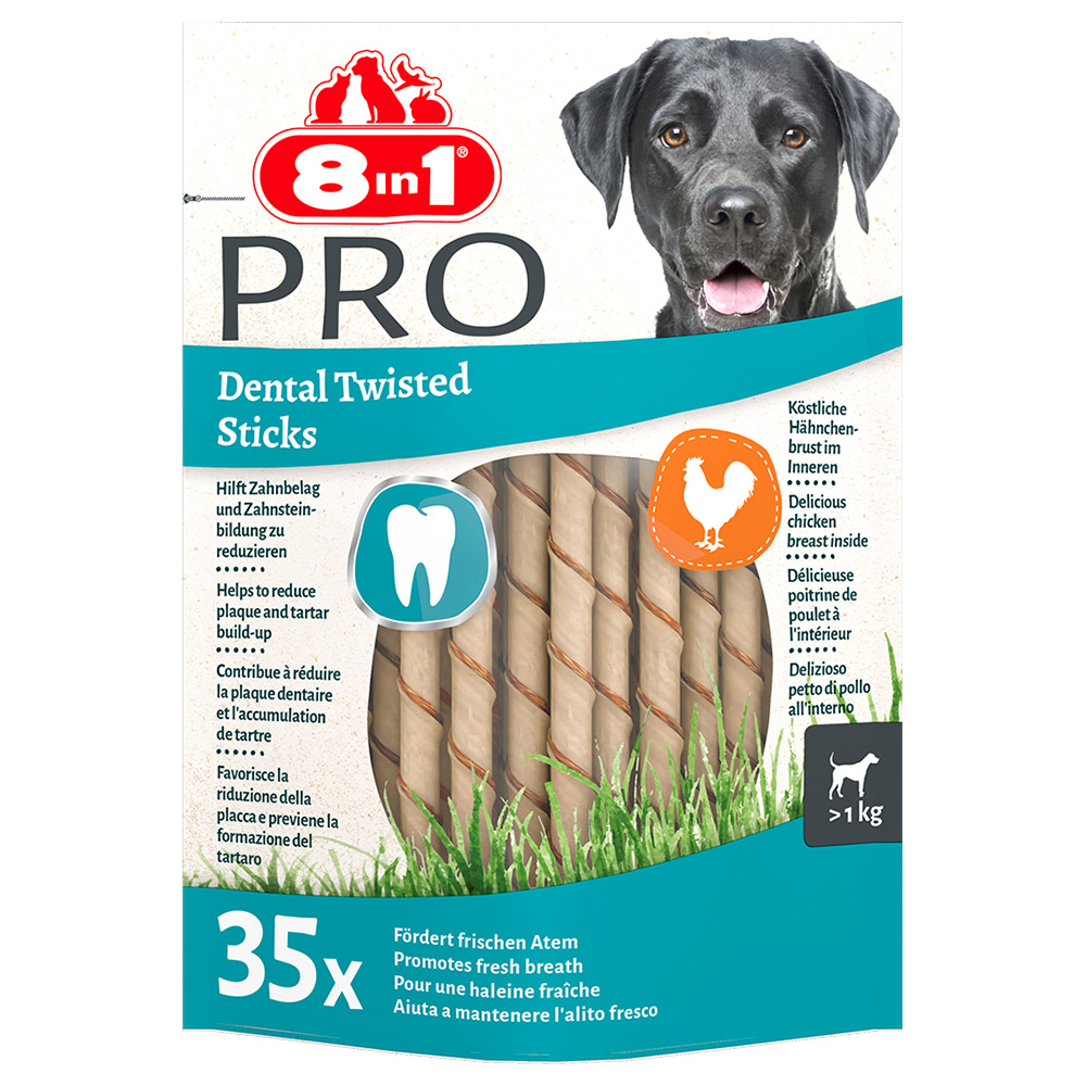 3 + 1 på köpet! 4x 8in1 hundgodis - Pro Dental Twisted Sticks med kyckling, 4 x 35 st. 3 + 1 på köpet! 4x 8in1 hundgodis - Pro Dental Twisted Sticks med kyckling, 4 x 35 st.