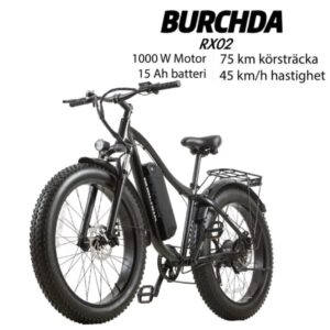 BURCHDA RX02 1000W 45KM/H 26-tums mountainbike elcykel 48V15AH litiumbatteri Fatbike elcykel för vuxna motorcyklar