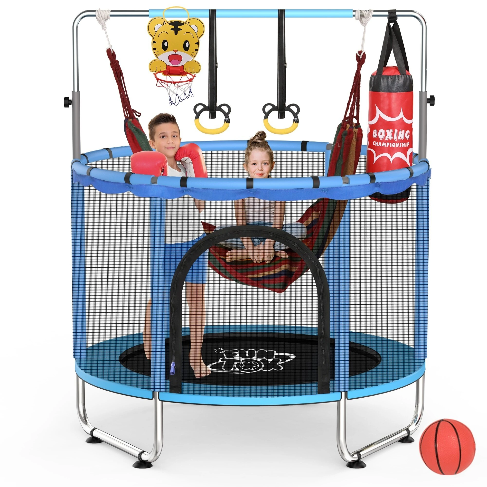 FUNTOK 55" Barntrampolin med gunga och basketskål, 4-i-1 inomhusaktivitetscenter för småbarn i åldern 2-5, 440 LBS tungt FUNTOK 55" Barntrampolin med gunga och basketskål, 4-i-1 inomhusaktivitetscenter för småbarn i åldern 2-5, 440 LBS tungt