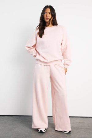 boohoo Dam Joggingbyxor Med Smal Midja, Normal Midja Och Vida Ben | Ljusrosa | Storlek Medium
