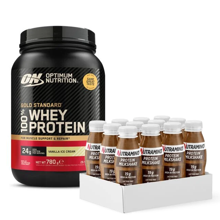 Optimum Nutrition 100% Whey Gold Standard 780 g + 12 x Nutramino Protein Shake 250 ml Optimum Nutrition 100% Whey Gold Standard 780 g + 12 x Nutramino Protein Shake 250 ml